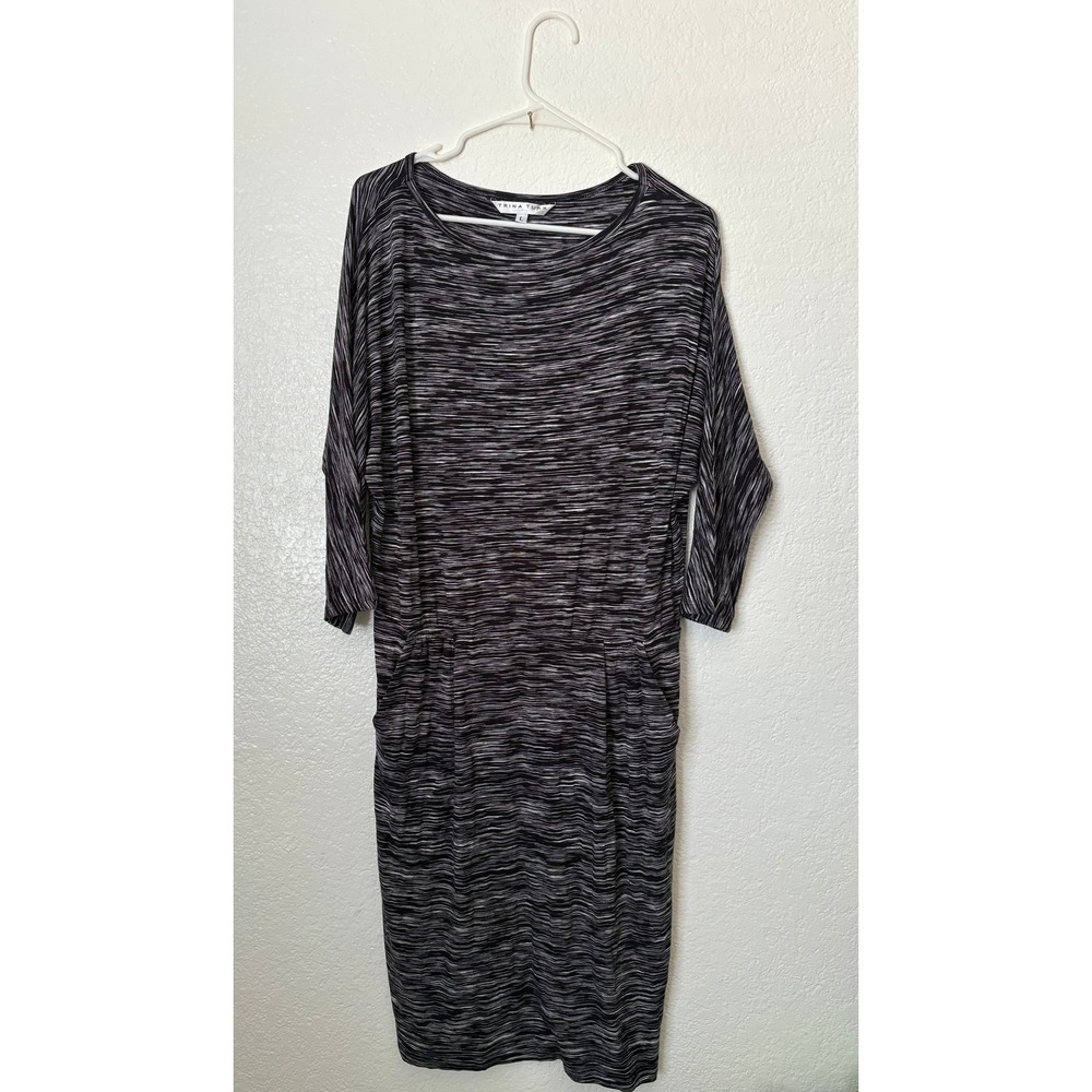 Trina Turk Midi Knit Cowl Neck Viscose Dress Quiet Luxury Preppy Minimalist Sz L
